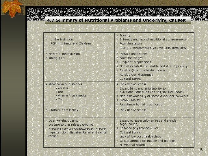 4. 7 Summary of Nutritional Problems and Underlying Causes: Ø Poverty Ø Under Nutrition