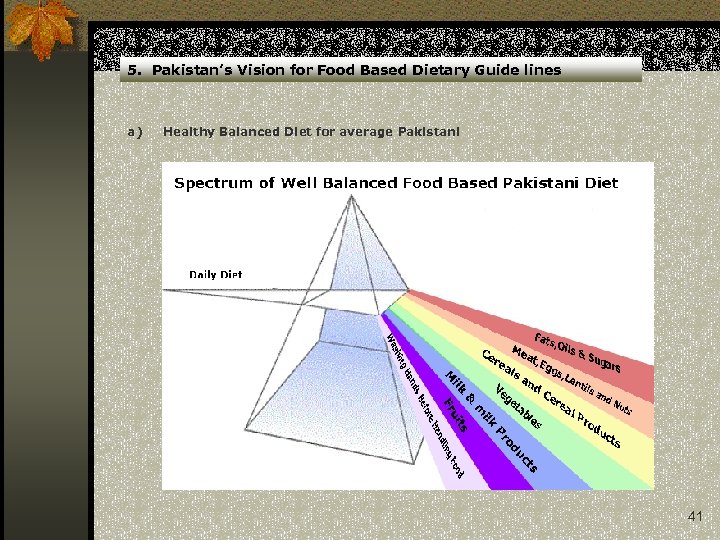 5. Pakistan’s Vision for Food Based Dietary Guide lines a) Healthy Balanced Diet for
