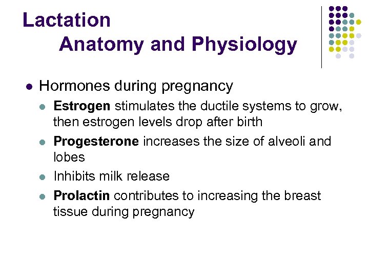 Lactation Anatomy and Physiology l Hormones during pregnancy l l Estrogen stimulates the ductile