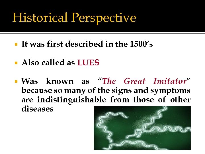 Historical Perspective It was first described in the 1500’s Also called as LUES Was