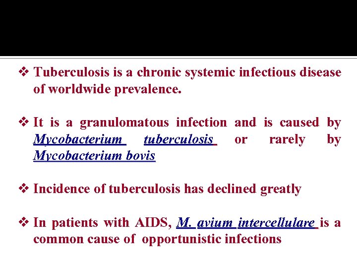 v Tuberculosis is a chronic systemic infectious disease of worldwide prevalence. v It is