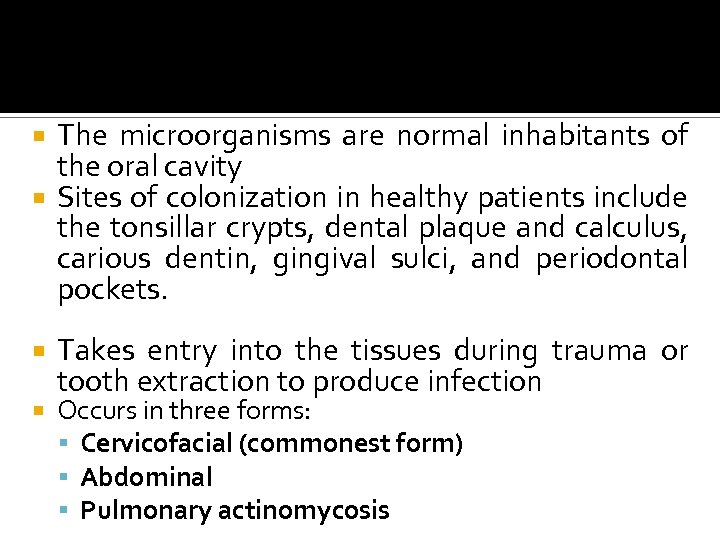 The microorganisms are normal inhabitants of the oral cavity Sites of colonization in healthy