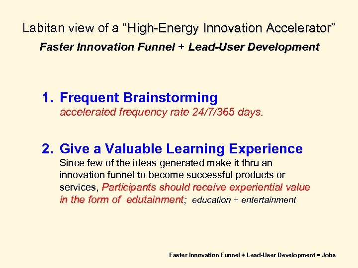 Labitan view of a “High-Energy Innovation Accelerator” Accelerator Faster Innovation Funnel + Lead-User Development