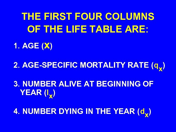 THE FIRST FOUR COLUMNS OF THE LIFE TABLE ARE: 1. AGE (x) 2. AGE-SPECIFIC