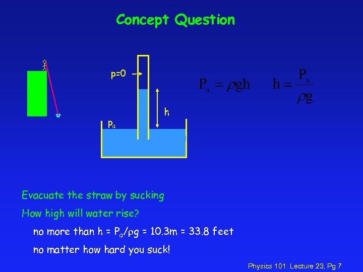Concept Question p=0 pa h Evacuate the straw by sucking How high will water