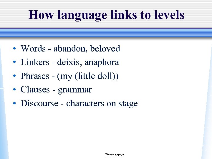 How language links to levels • • • Words - abandon, beloved Linkers -