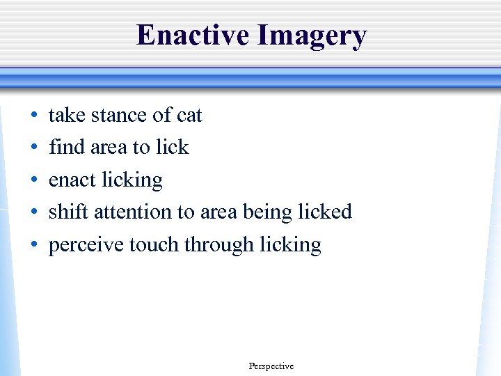 Enactive Imagery • • • take stance of cat find area to lick enact