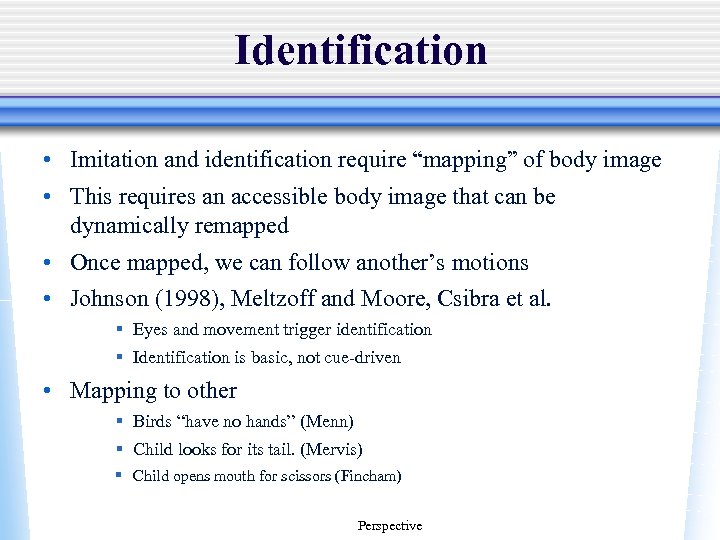 Identification • Imitation and identification require “mapping” of body image • This requires an