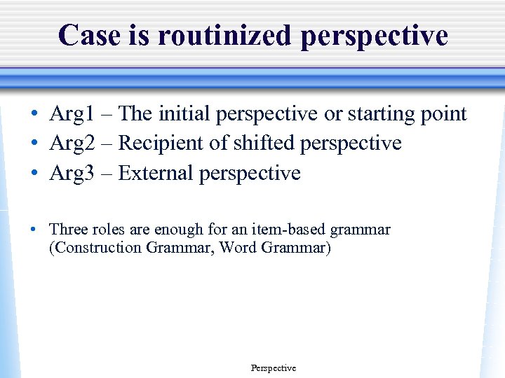 Case is routinized perspective • Arg 1 – The initial perspective or starting point