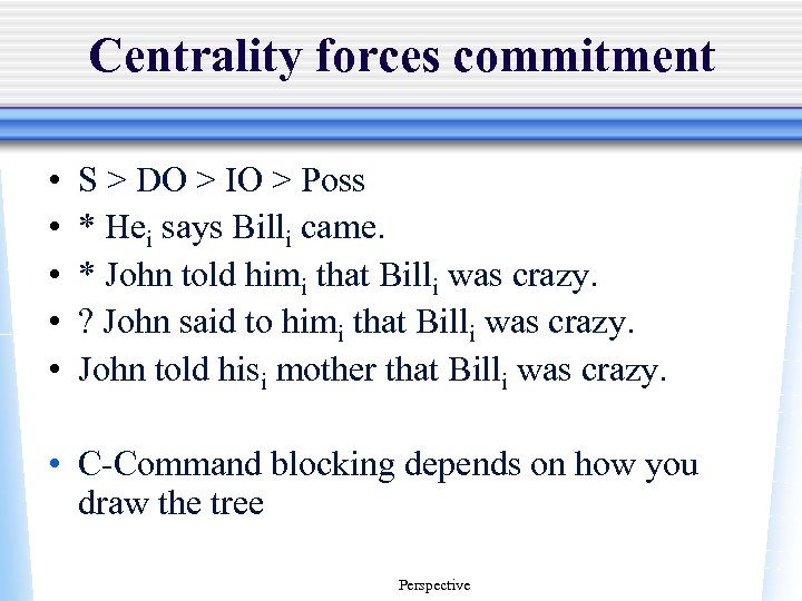 Centrality forces commitment • • • S > DO > IO > Poss *