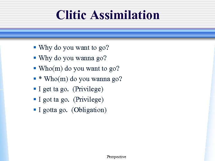 Clitic Assimilation § Why do you want to go? § Why do you wanna