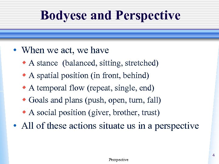 Bodyese and Perspective • When we act, we have w A stance (balanced, sitting,