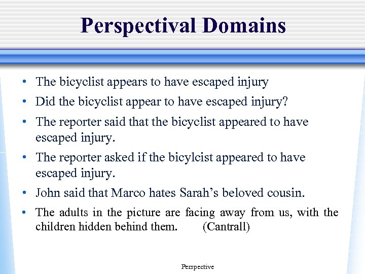 Perspectival Domains • The bicyclist appears to have escaped injury • Did the bicyclist