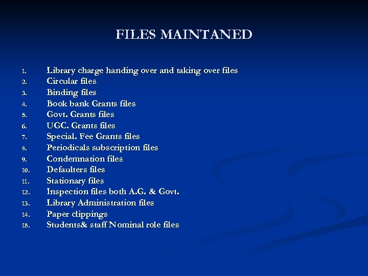 FILES MAINTANED 1. 2. 3. 4. 5. 6. 7. 8. 9. 10. 11. 12.