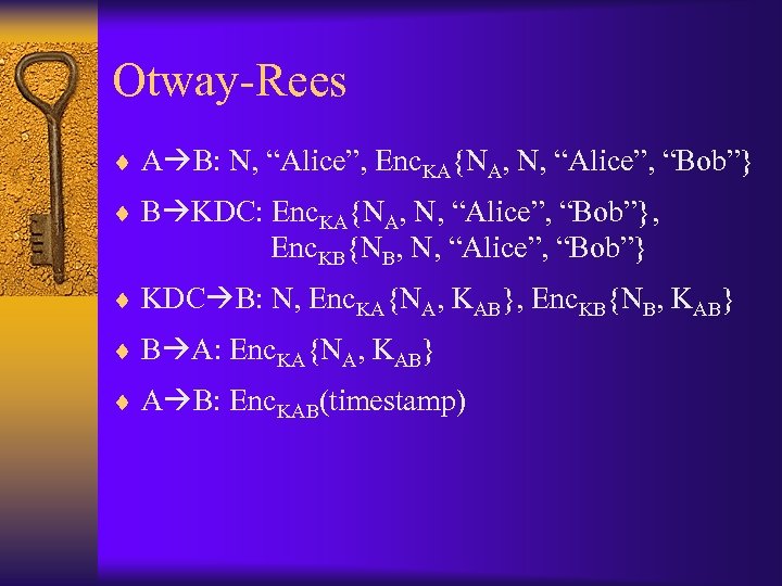 Otway-Rees ¨ A B: N, “Alice”, Enc. KA{NA, N, “Alice”, “Bob”} ¨ B KDC:
