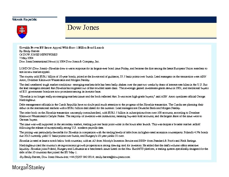 Slovak Republic Dow Jones Slovakia Proves EU Issuer Appeal With Euro 1 Billion Bond