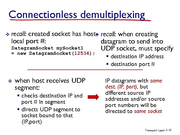 Connectionless demultiplexing v recall: created socket has host- recall: when creating v local port