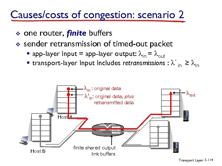 Causes/costs of congestion: scenario 2 v v one router, finite buffers sender retransmission of