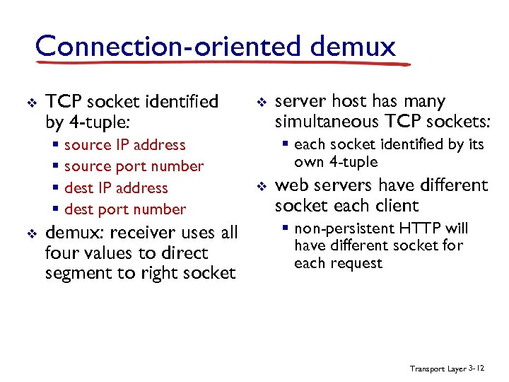 Connection-oriented demux v TCP socket identified by 4 -tuple: § source IP address §