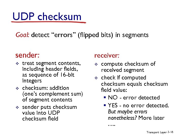 UDP checksum Goal: detect “errors” (flipped bits) in segments sender: receiver: v v treat
