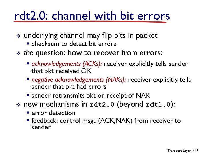 rdt 2. 0: channel with bit errors v underlying channel may flip bits in