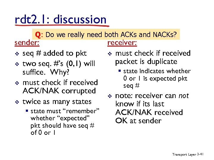rdt 2. 1: discussion Q: Do we really need both ACKs and NACKs? sender: