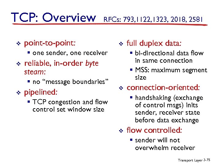 TCP: Overview v RFCs: 793, 1122, 1323, 2018, 2581 point-to-point: v § one sender,