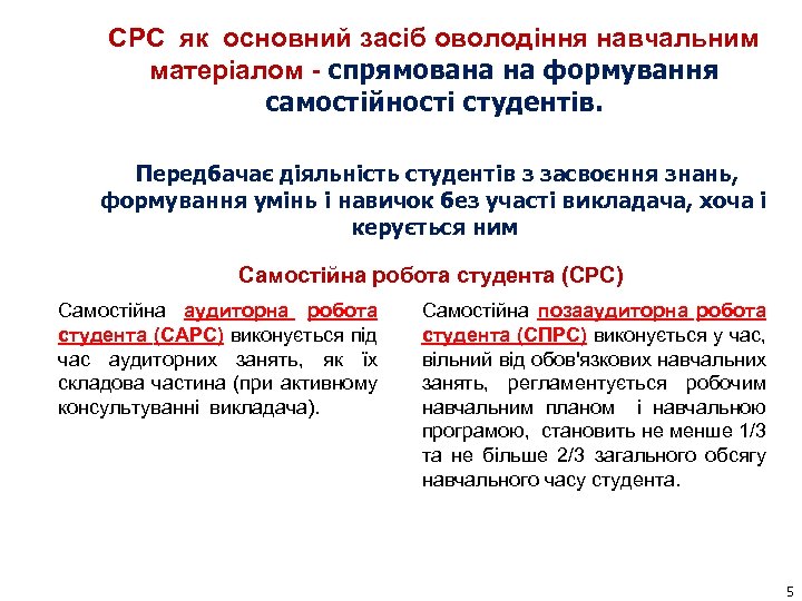 СРС як основний засіб оволодіння навчальним матеріалом - спрямована на формування самостійності студентів. Передбачає