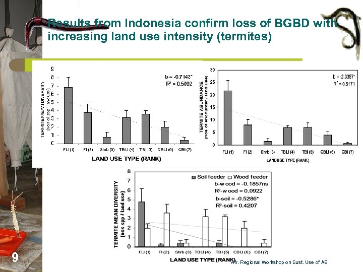 Results from Indonesia confirm loss of BGBD with increasing land use intensity (termites) 9