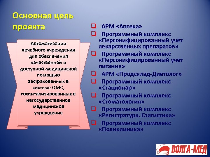 Основная цель проекта Автоматизации лечебного учреждения для обеспечения качественной и доступной медицинской помощью застрахованных