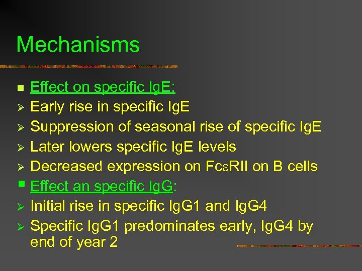 Mechanisms Effect on specific Ig. E: Ø Early rise in specific Ig. E Ø