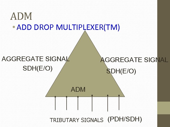 ADM • ADD DROP MULTIPLEXER(TM) AGGREGATE SIGNAL SDH(E/O) ADM TRIBUTARY SIGNALS (PDH/SDH) 