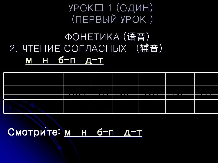 УРОК 1 (ОДИН) (ПЕРВЫЙ УРОК ) ФОНЕТИКА (语音) 2. ЧТЕНИЕ СОГЛАСНЫХ （辅音） м н