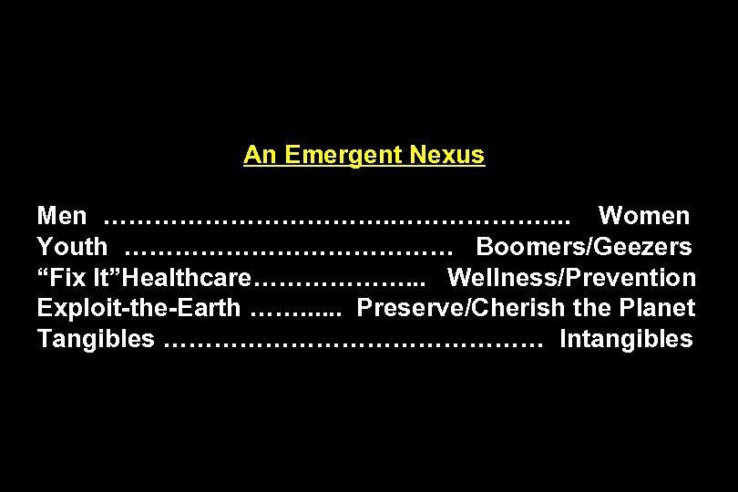 An Emergent Nexus Men ………………. . Women Youth ………………… Boomers/Geezers “Fix It”Healthcare………………. . .