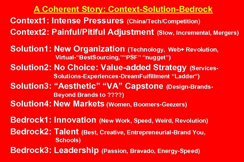 A Coherent Story: Context-Solution-Bedrock Context 1: Intense Pressures (China/Tech/Competition) Context 2: Painful/Pitiful Adjustment (Slow,