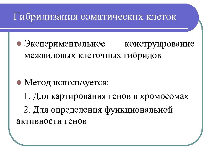 Гибридизация соматических клеток l Экспериментальное конструирование межвидовых клеточных гибридов l Метод используется: 1. Для