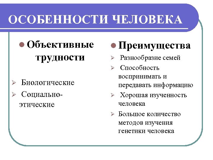 ОСОБЕННОСТИ ЧЕЛОВЕКА l Объективные трудности Биологические Ø Социальноэтические Ø l Преимущества Разнообразие семей Ø