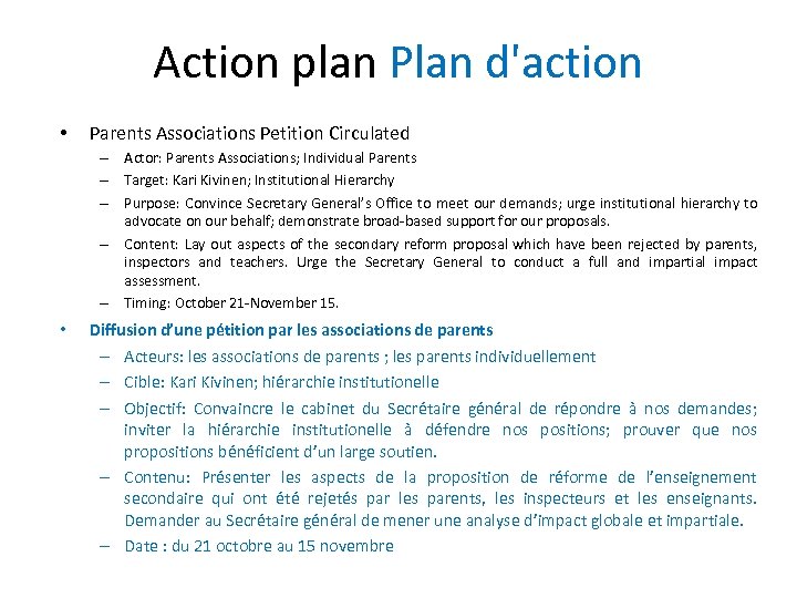 Action plan Plan d'action • Parents Associations Petition Circulated – Actor: Parents Associations; Individual