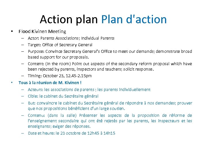 Action plan Plan d'action • • Flood Kivinen Meeting – Actor: Parents Associations; Individual