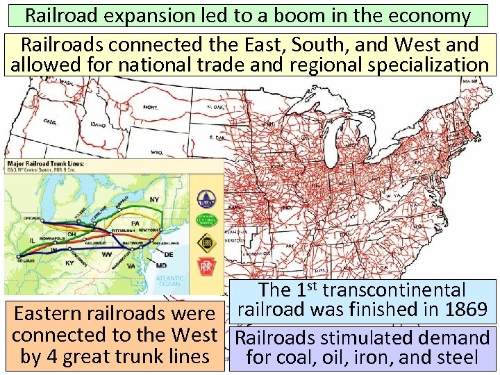 Railroad expansion led to a boom in the economy Railroads connected the East, South,