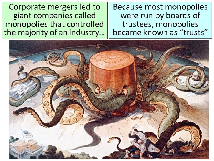 Corporate mergers led to Because most monopolies giant companies called were run by boards