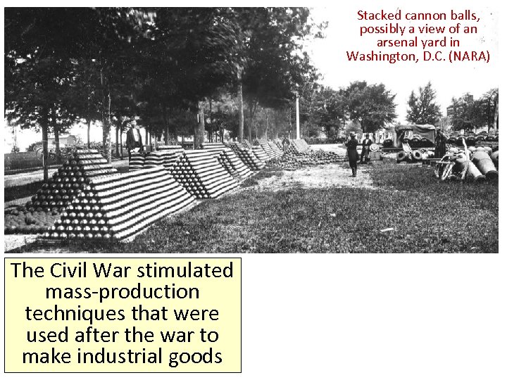 Stacked cannon balls, possibly a view of an arsenal yard in Washington, D. C.