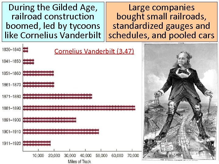 During the Gilded Age, Large companies railroad construction bought small railroads, boomed, led by