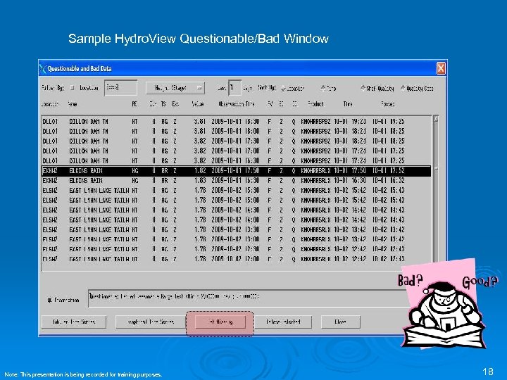 Sample Hydro. View Questionable/Bad Window Note: This presentation is being recorded for training purposes.