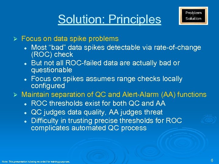 Solution: Principles Focus on data spike problems l Most “bad” data spikes detectable via