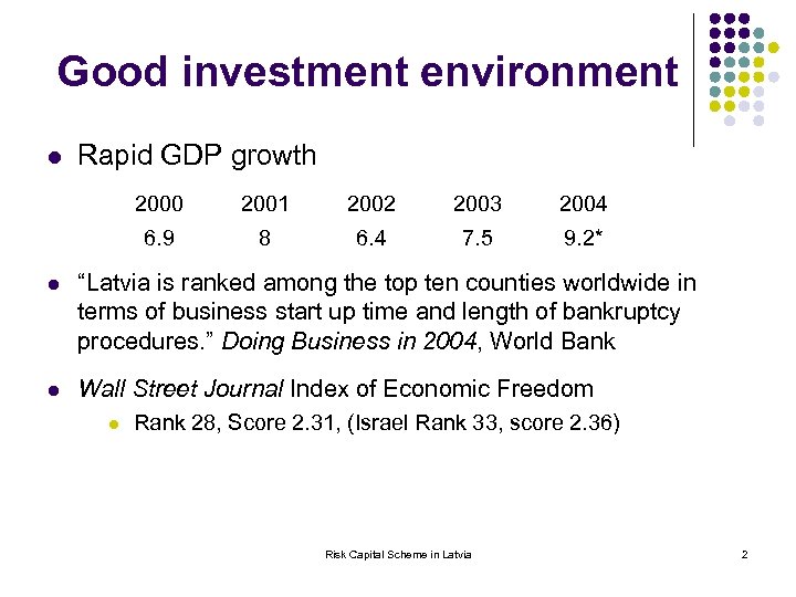 Good investment environment l Rapid GDP growth 2000 2001 2002 2003 2004 6. 9