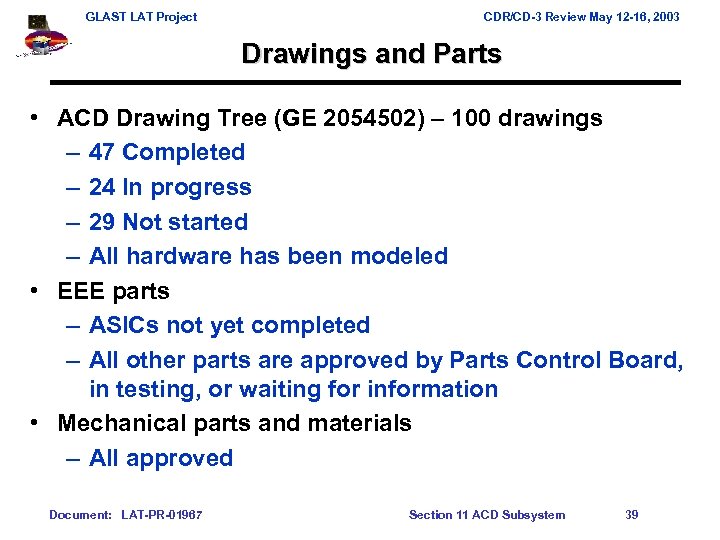 GLAST LAT Project CDR/CD-3 Review May 12 -16, 2003 Drawings and Parts • ACD