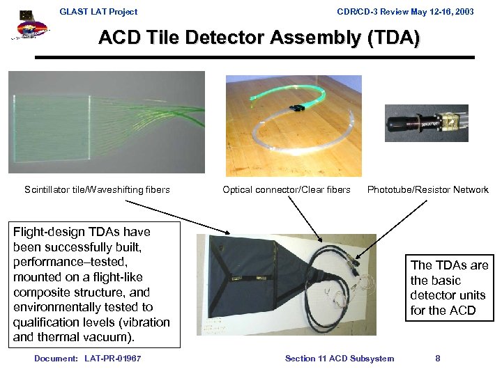 GLAST LAT Project CDR/CD-3 Review May 12 -16, 2003 ACD Tile Detector Assembly (TDA)