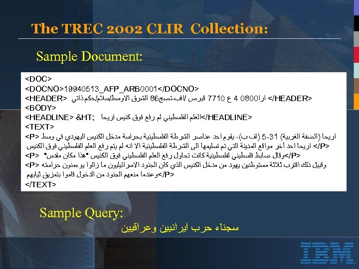  : The TREC 2002 CLIR Collection : Sample Document > <DOCNO>19940513_AFP_ARB 0001</DOCNO >