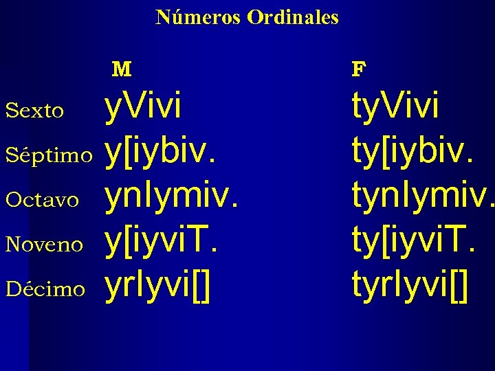 Números Ordinales M Sexto Séptimo Octavo Noveno Décimo y. Vivi y[iybiv. yn. Iymiv. y[iyvi.